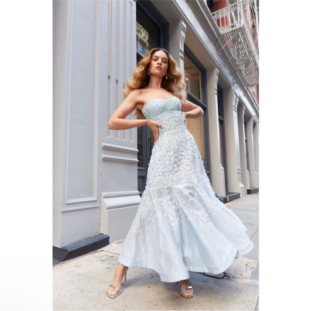 Strapless Light Blue Embellished Evening Dress